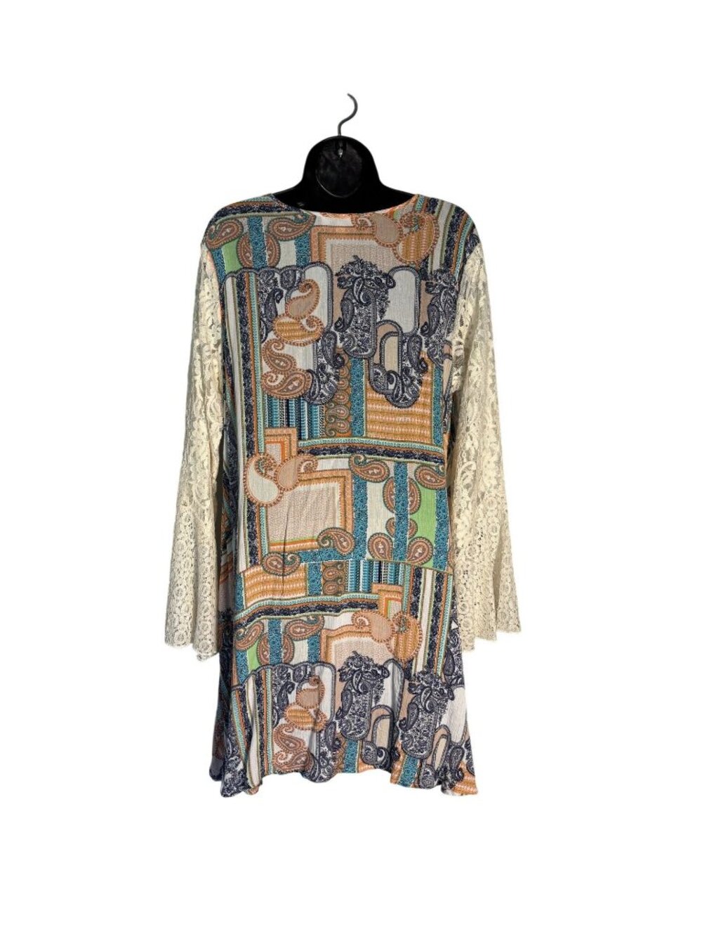 Umgee USA Womens Boho Tunic Dress With Lace Bell Sleeves & Paisley Patchwork - Picture 2 of 8